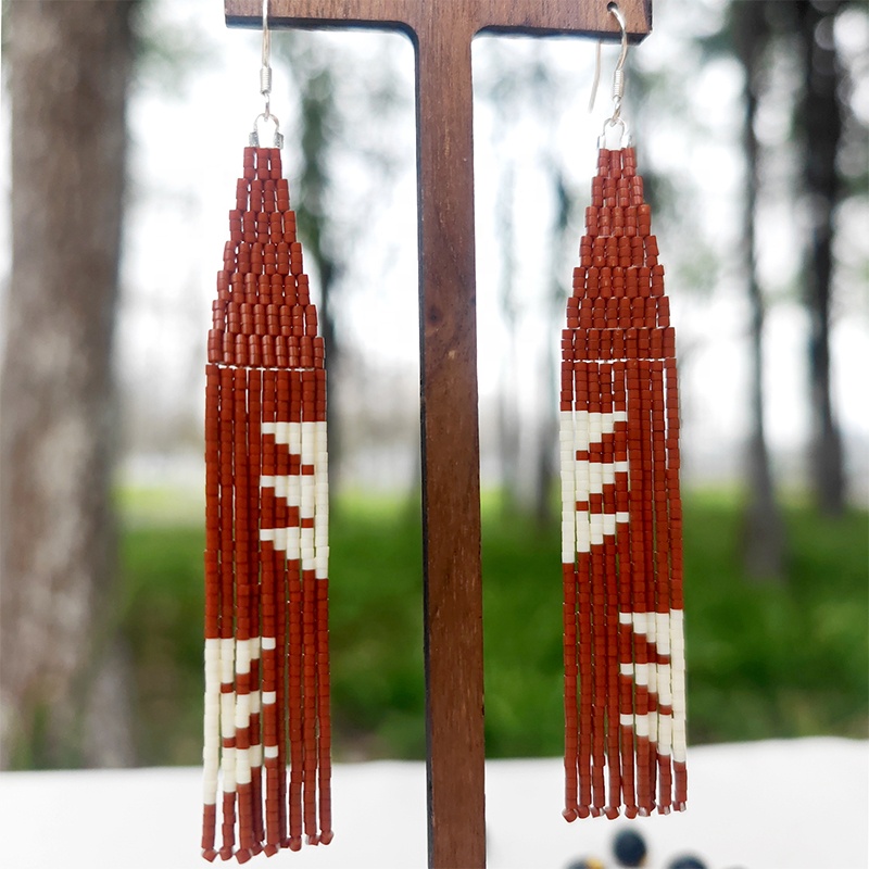 Tassel Earrings Boho - Kolczyki z koralików Liść frędzli Symetria